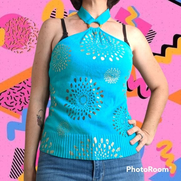 Vintage y2k Teal Gold Knit Halter Top - Picture 1 of 7